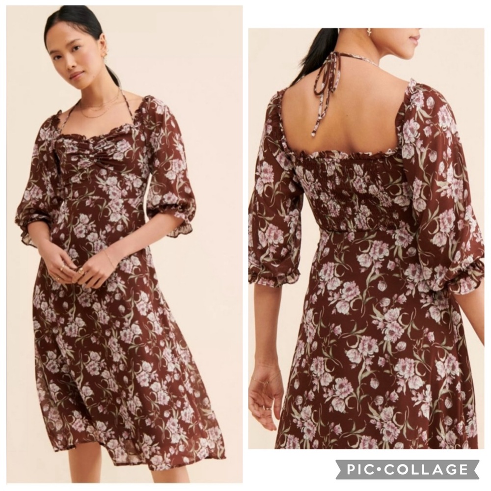 ASTR The Label Cinched Bust Floral Midi‎ Dress Brown XS